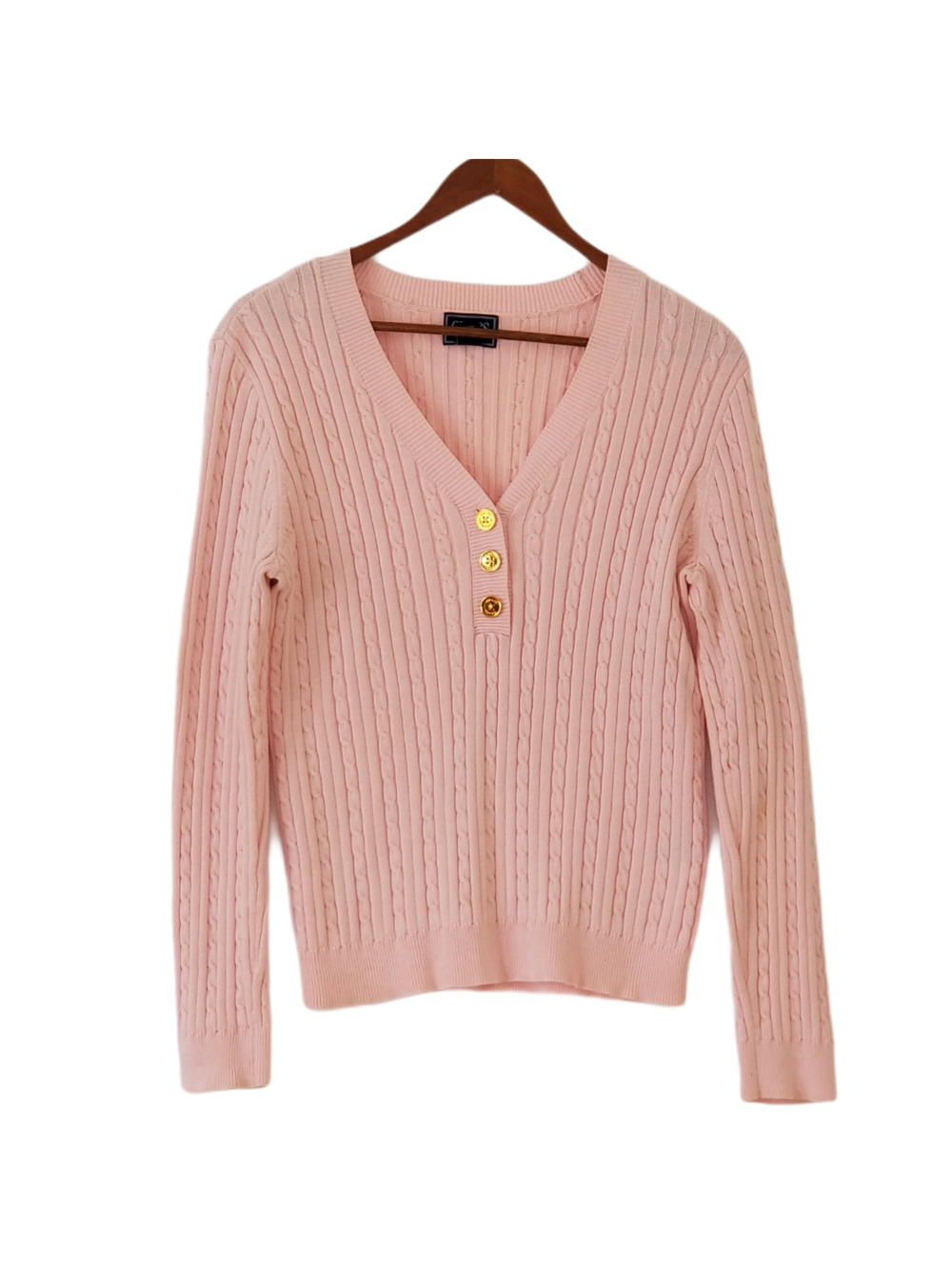 Chaps Pink V-Neck Cable 100% Cotton Sweater - Size M